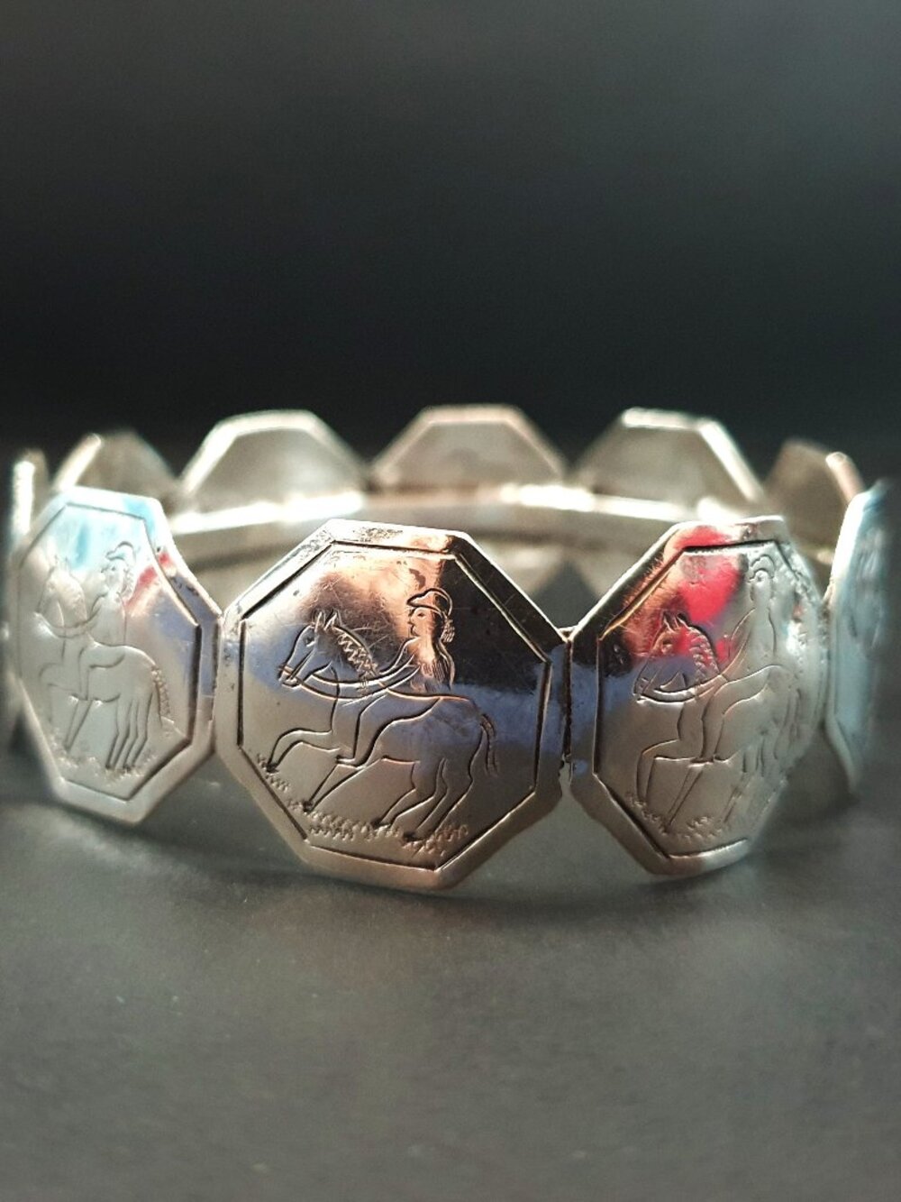Antique Dutch Sterling Silver Bangle 1840s Horse Rider Sterling Silver Panel